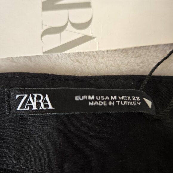 ZARA Black Ruched Midi Skirt with Tie Waist accent & Front Slit size M NWT - Picture 4 of 11